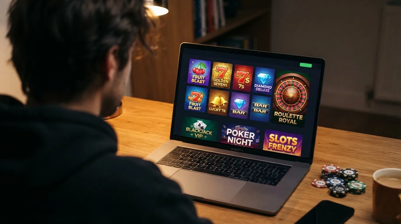 Reihe unterschiedlicher Spielautomaten-Symbole und ein Roulette-Rad auf einem Bildschirm.